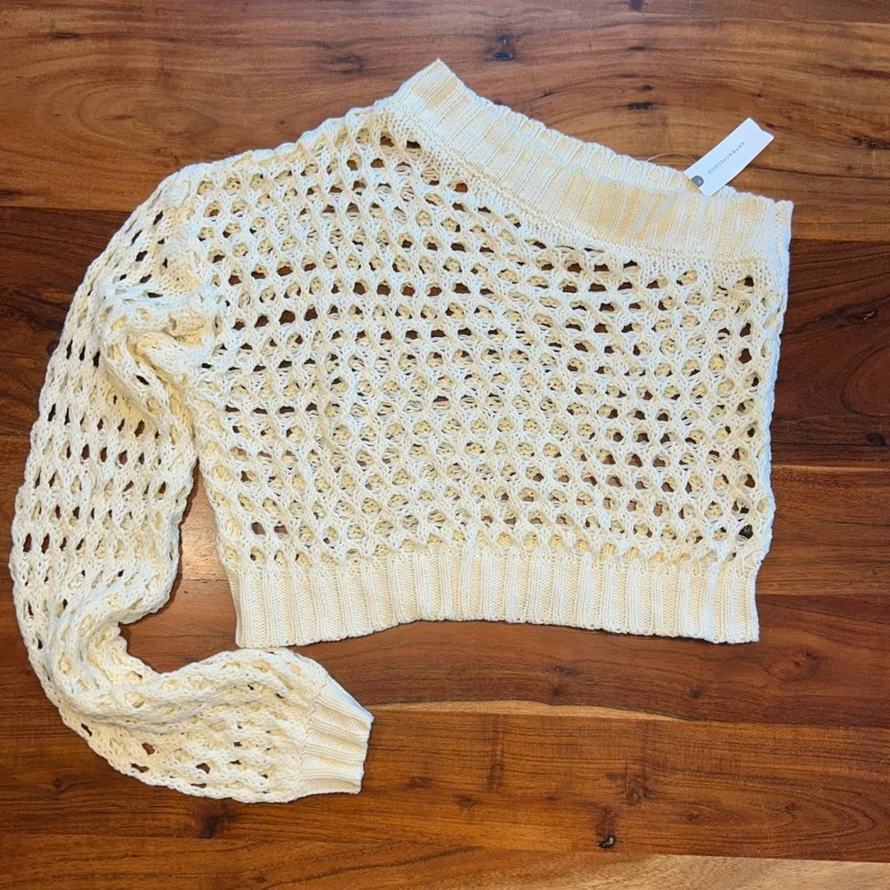 Anthropologie Cream One-Shoulder Mesh Blouse - Picture 6 of 11